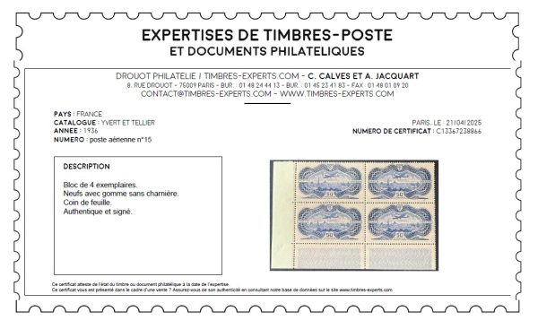 Poste Aérienne Y&T 15 "Burelé" en bloc de 4 en NEUFS ** - TB signé Calves – Image 3