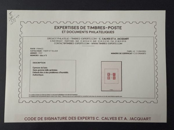 Bloc Y&T 3 "Epreuve de luxe PEXIP" en NEUF - B/TB certificat Calves – Image 4