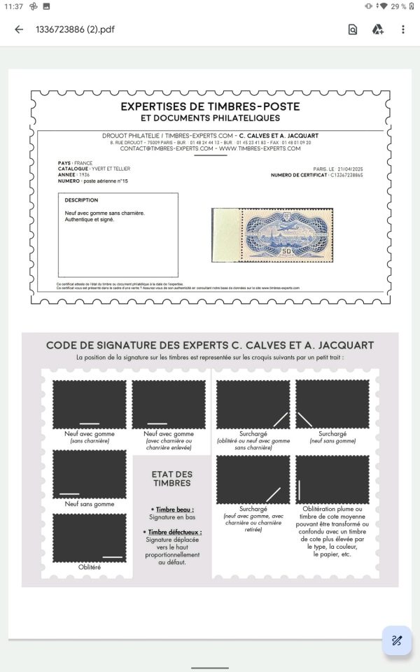 Y&T Poste Aérienne 15 "Le Burelé" NEUF ** - TB signé Calves et certificat – Image 3