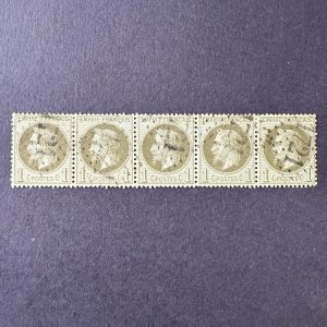 Y&T 25, "Napoléon Lauré 1c" bande de 5 oblitéré - TB