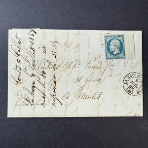 Y&T 14i, "Napoléon 20c bleu" filet encadrement oblitéré sur lettre - TB signé Calves