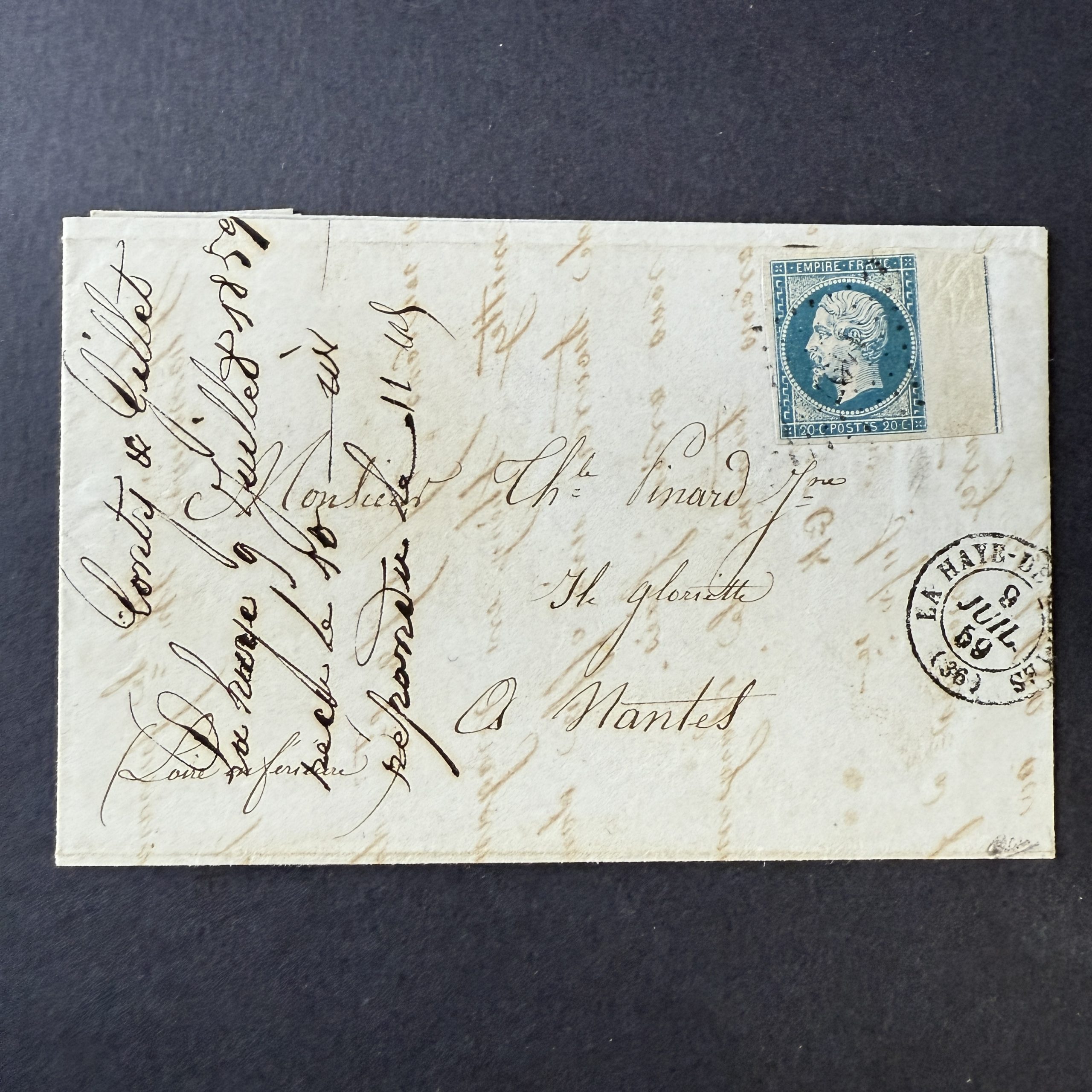 Y&T 14i, "Napoléon 20c bleu" filet encadrement oblitéré sur lettre - TB signé Calves