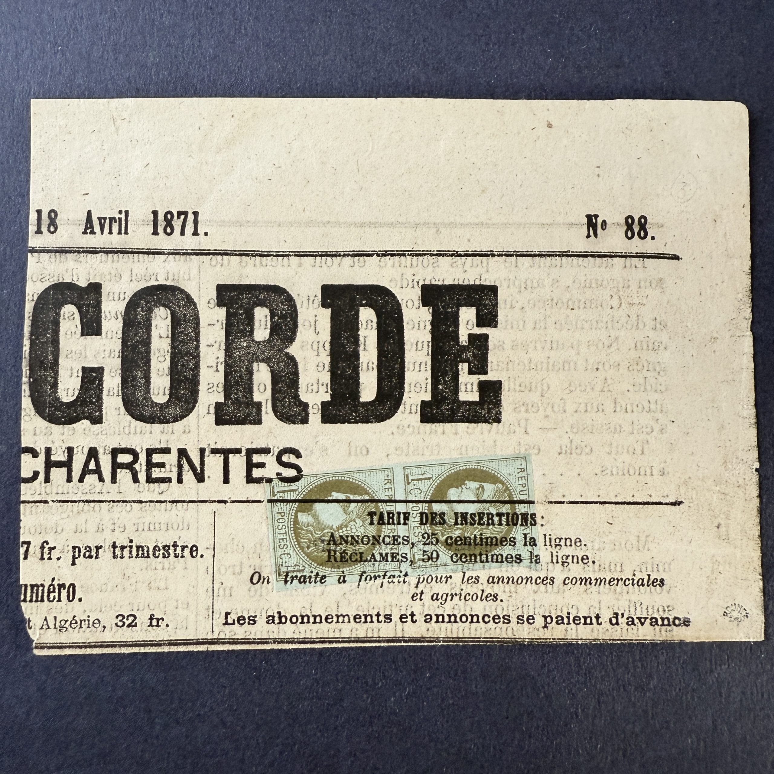 Y&T 39C, "Bordeaux 1c R3" en paire sur journal - TB signé Roumet