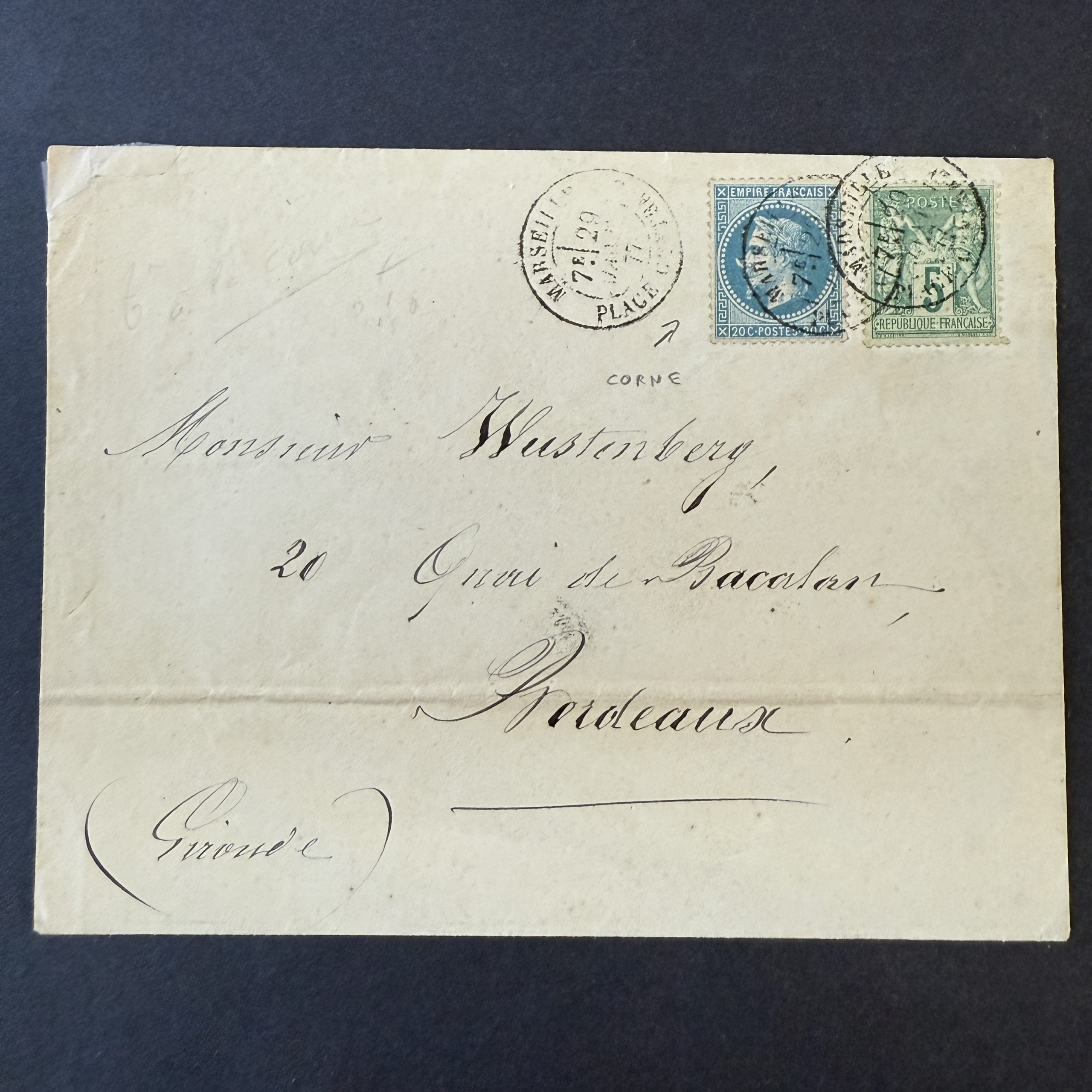 Y&T 29Bb et 75, "Napoléon et Sage" variété à la corne oblitéré sur lettre - TB