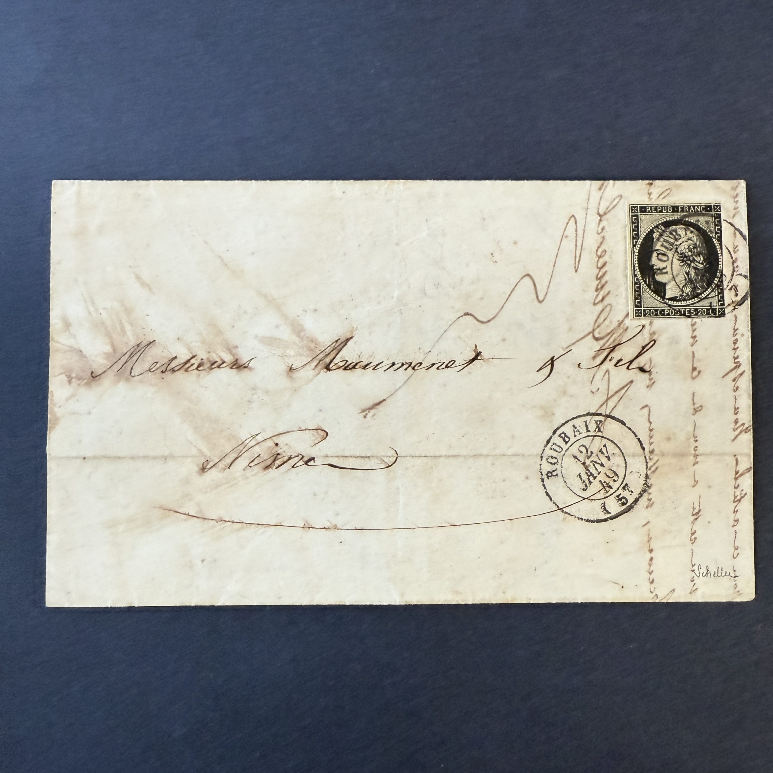 Y&T 3, "Cérès 20c noir" oblitéré cachet 12 Janvier 1849 sur lettre (avec variété) - B/TB signé Scheller
