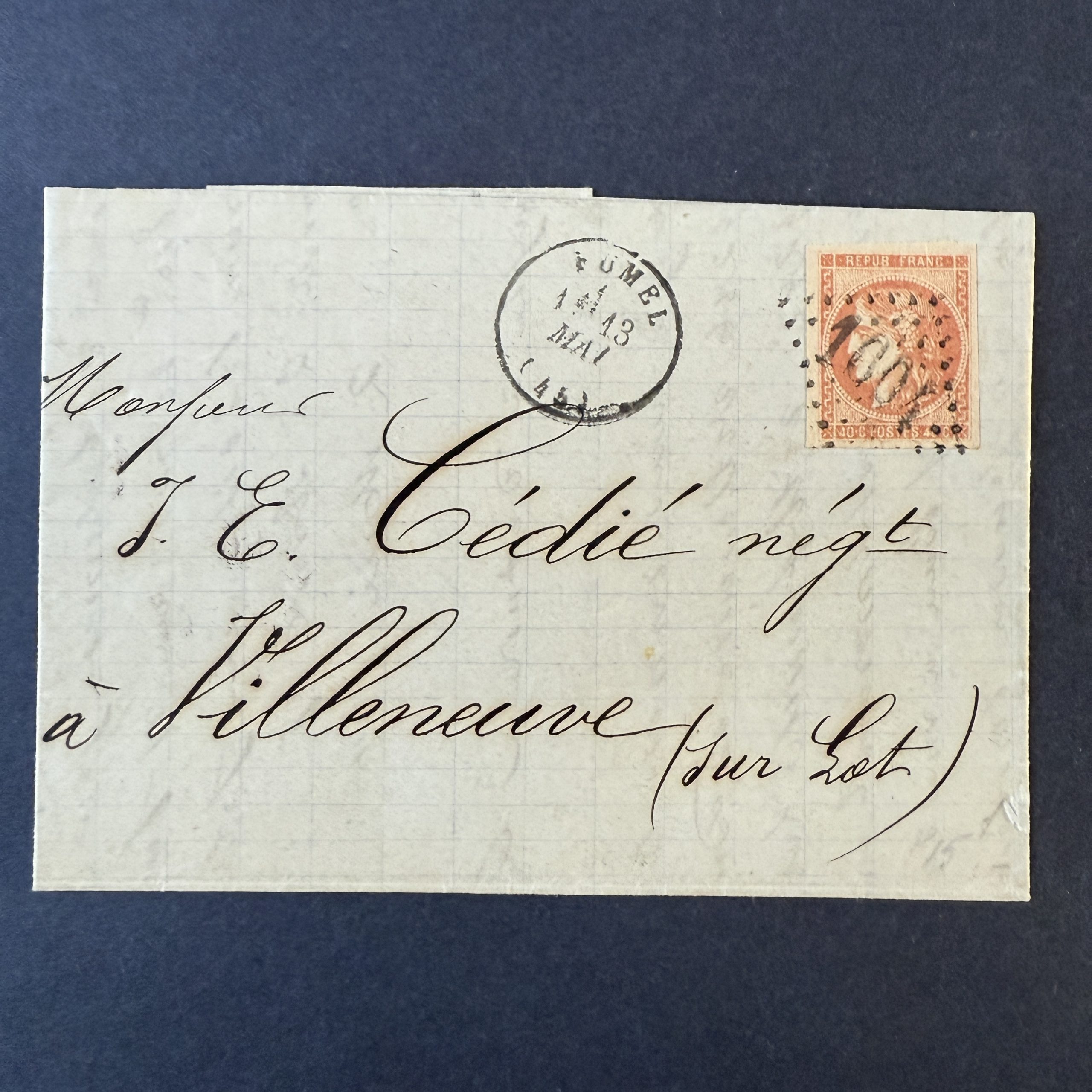 Y&T 48, "Bordeaux 40c orange" oblitéré sur lettre - TB