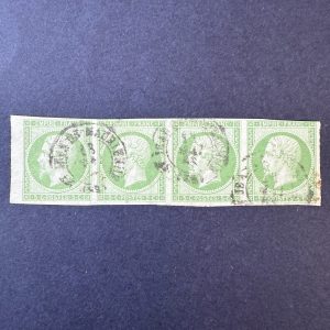 Y&T 12, "Napoléon empire 5c vert jaune" bande de 4 oblitéré - B/TB