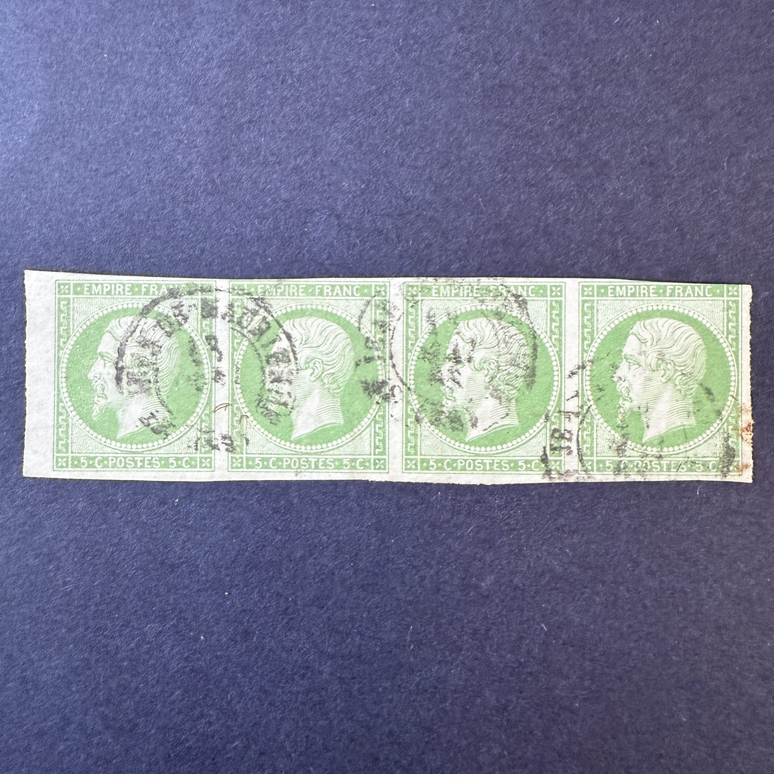 Y&T 12, "Napoléon empire 5c vert jaune" bande de 4 oblitéré - B/TB