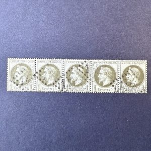Y&T 25, "Napoléon lauré 1c" bande de 5 oblitéré - TB