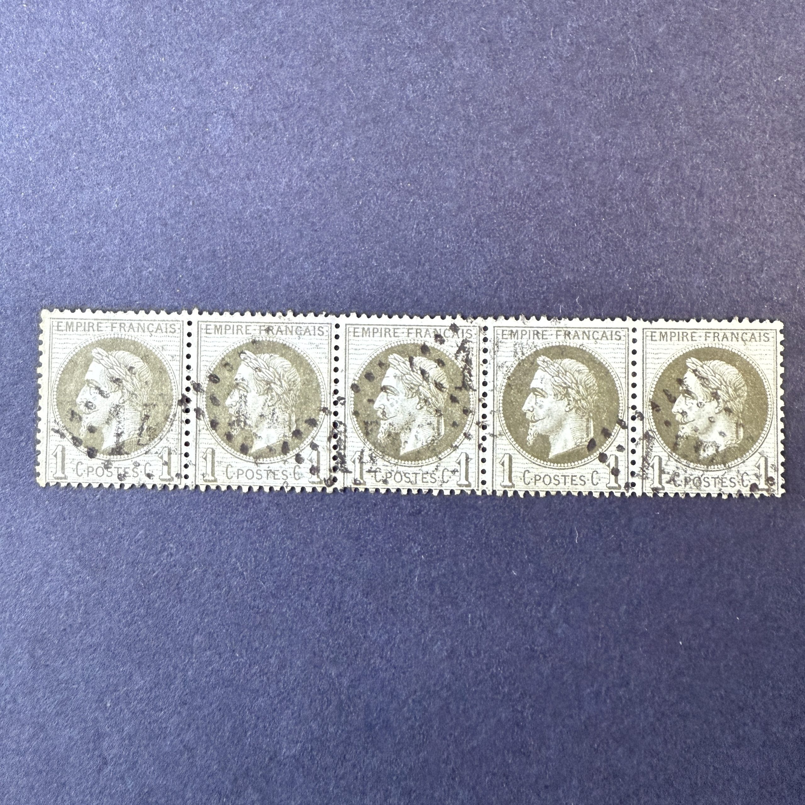 Y&T 25, "Napoléon lauré 1c" bande de 5 oblitéré - TB