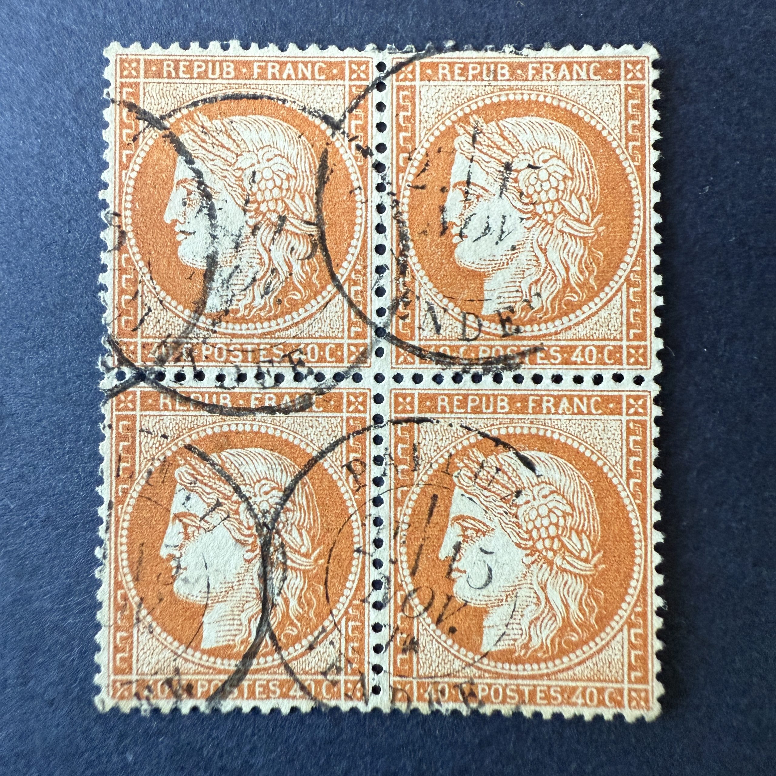 Y&T 38, "Cérès 40c orange" bloc de 4 oblitéré - TB signé Calves