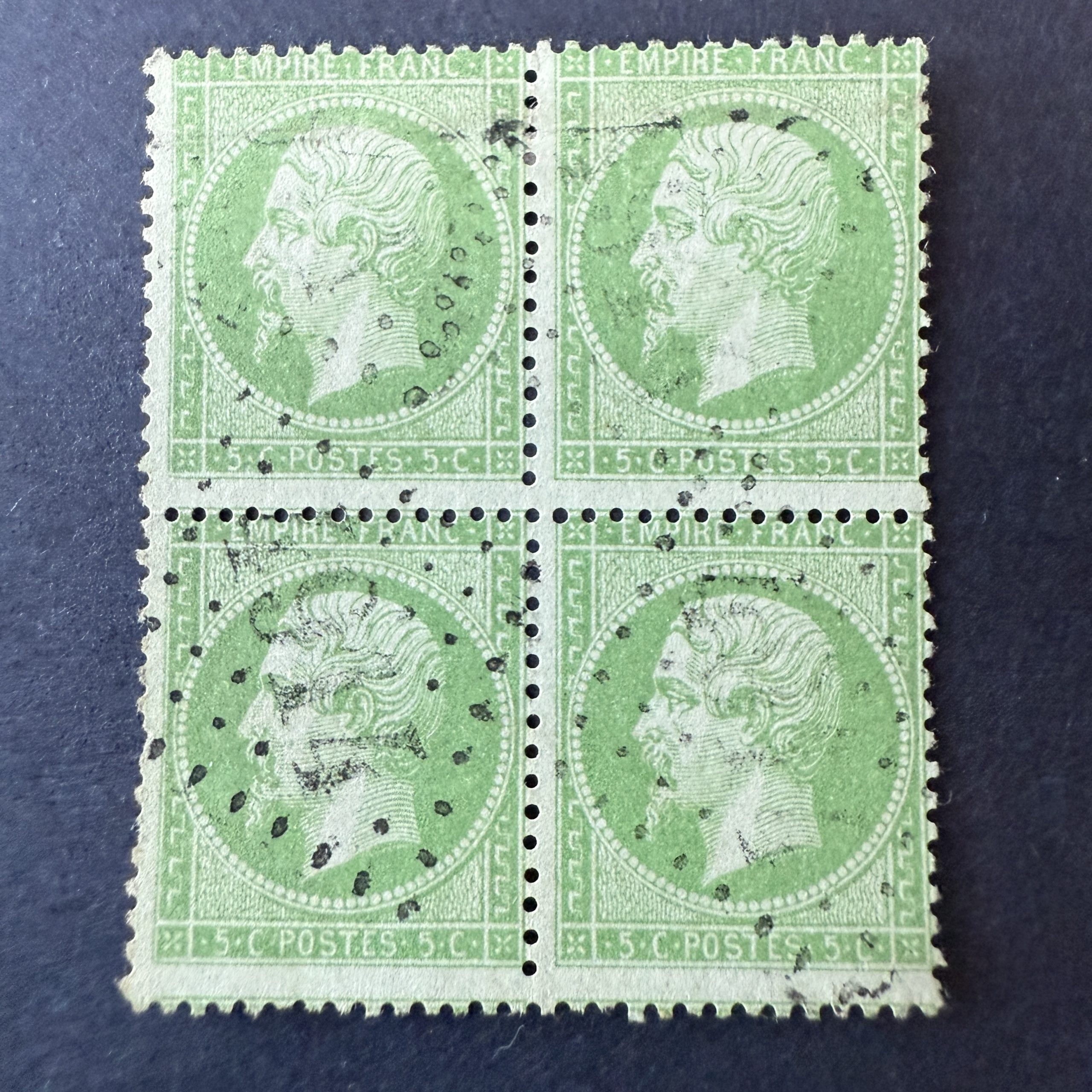 Y&T 20, "Napoléon 5c vert" bloc de 4 oblitéré - B/TB