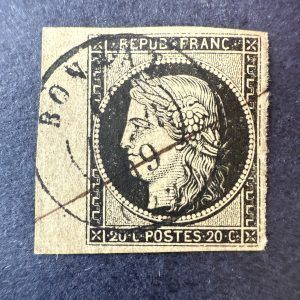 Yvert 3 "Cérès 20c noir sur jaune" bord de feuille en oblitéré cachet - SUP signé Brun