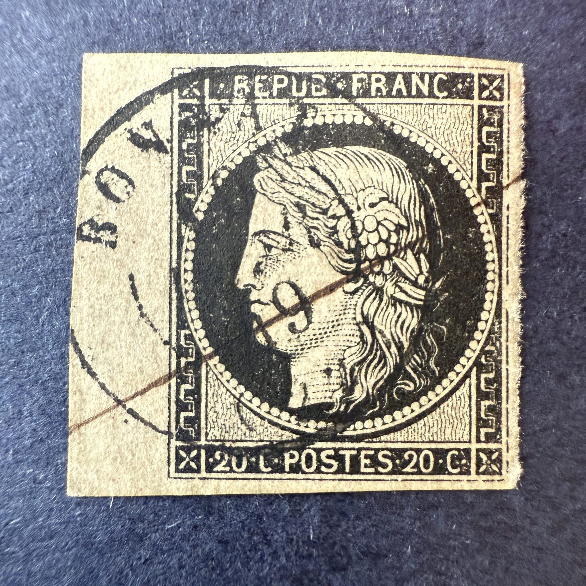 Yvert 3 "Cérès 20c noir sur jaune" bord de feuille en oblitéré cachet - SUP signé Brun