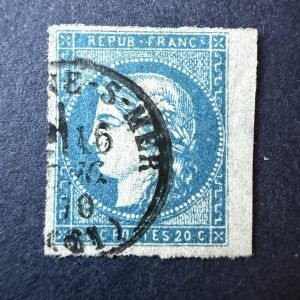 Yvert 44B "Bordeaux 20c bleu R1 type II" bord de feuille en oblitéré cachet - TB signé Brun