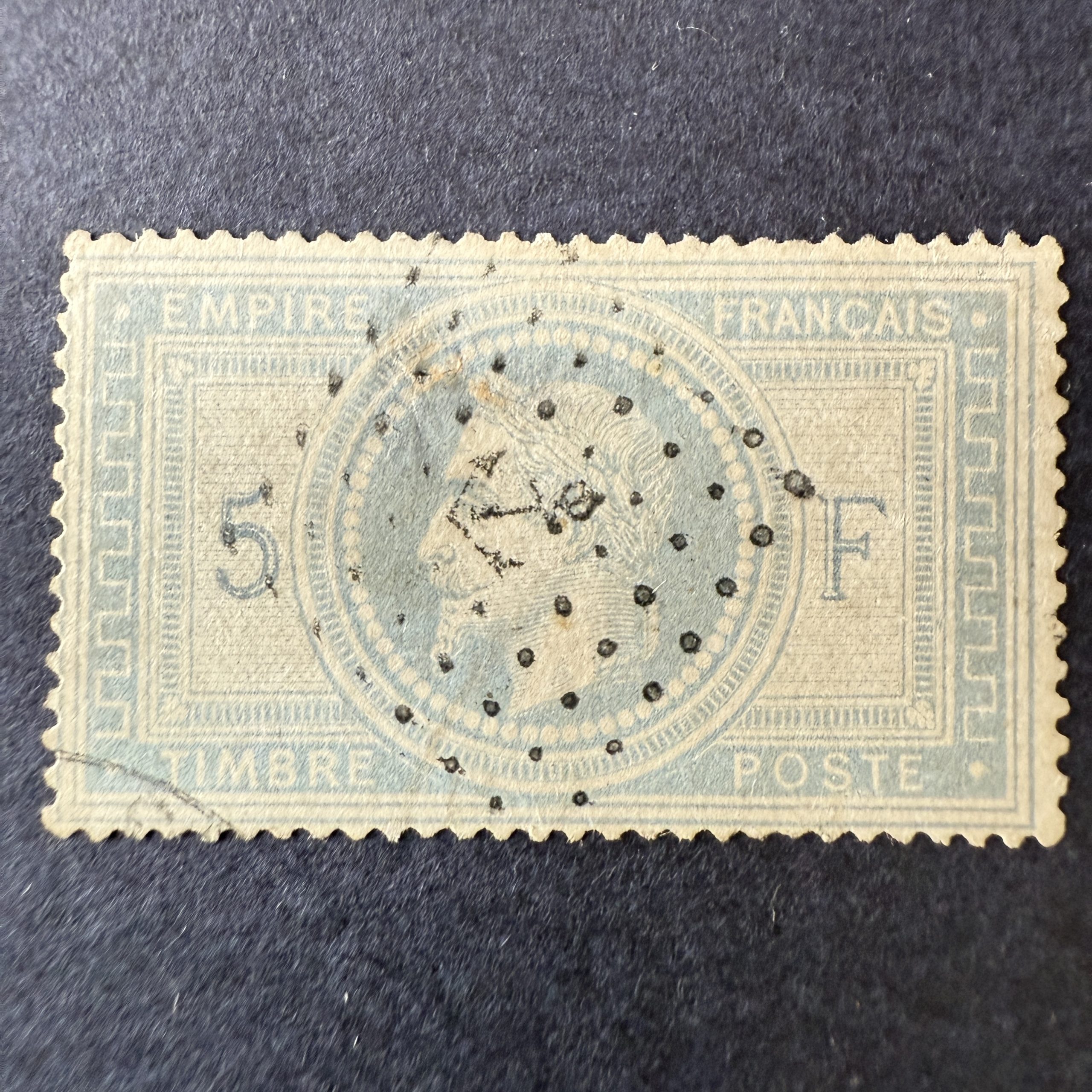 Yvert 33 "Napoléon 5fr" (chiffres tirant sur noir) et en oblitéré ancre - B/TB