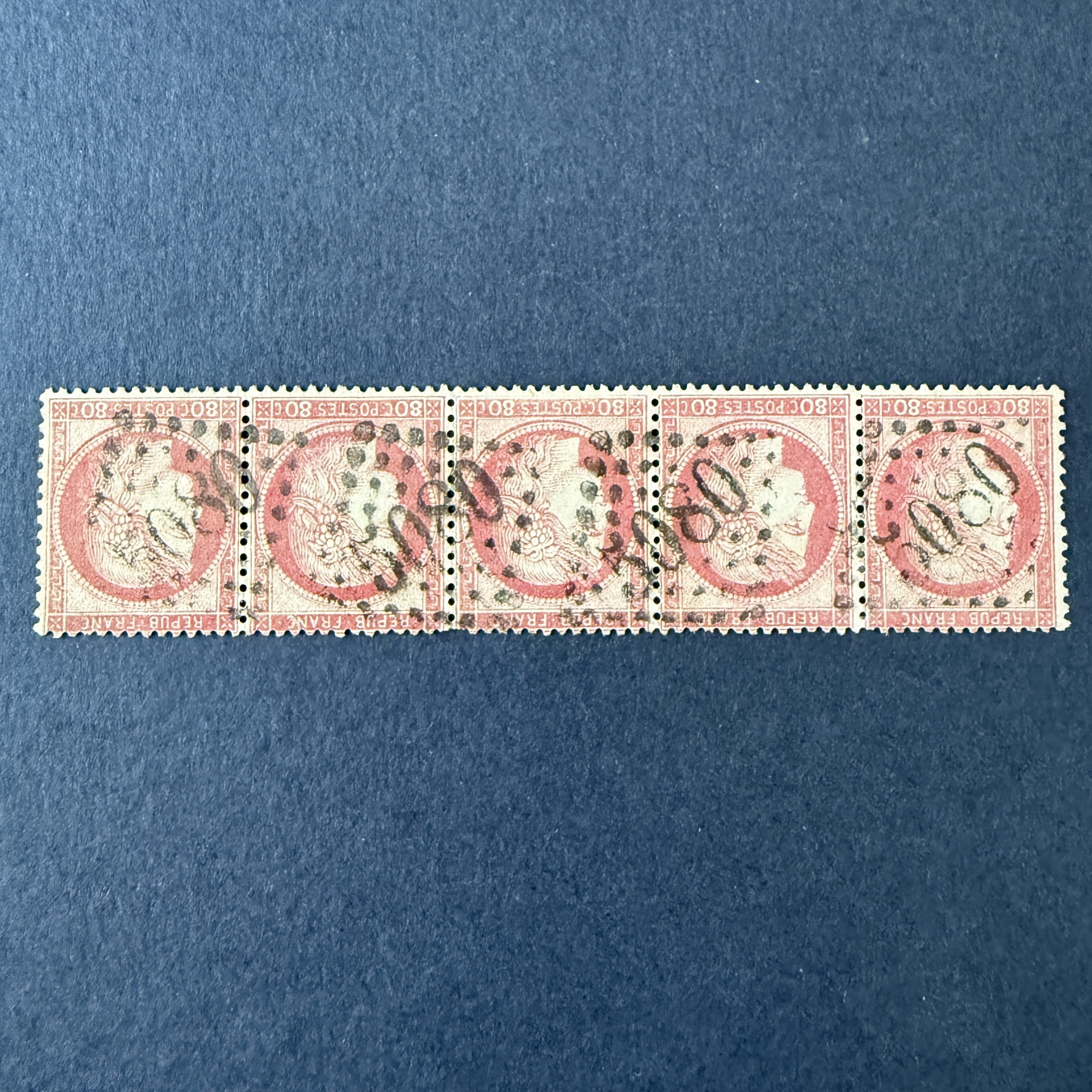 Yvert 58 "Cérès dentelé 80c rose" bande 5 oblitéré Alexandrie GC 5080 - TB