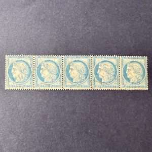 Y&T 37 "Cérès siège 20c bleu" bande de 5 en oblitéré - TB