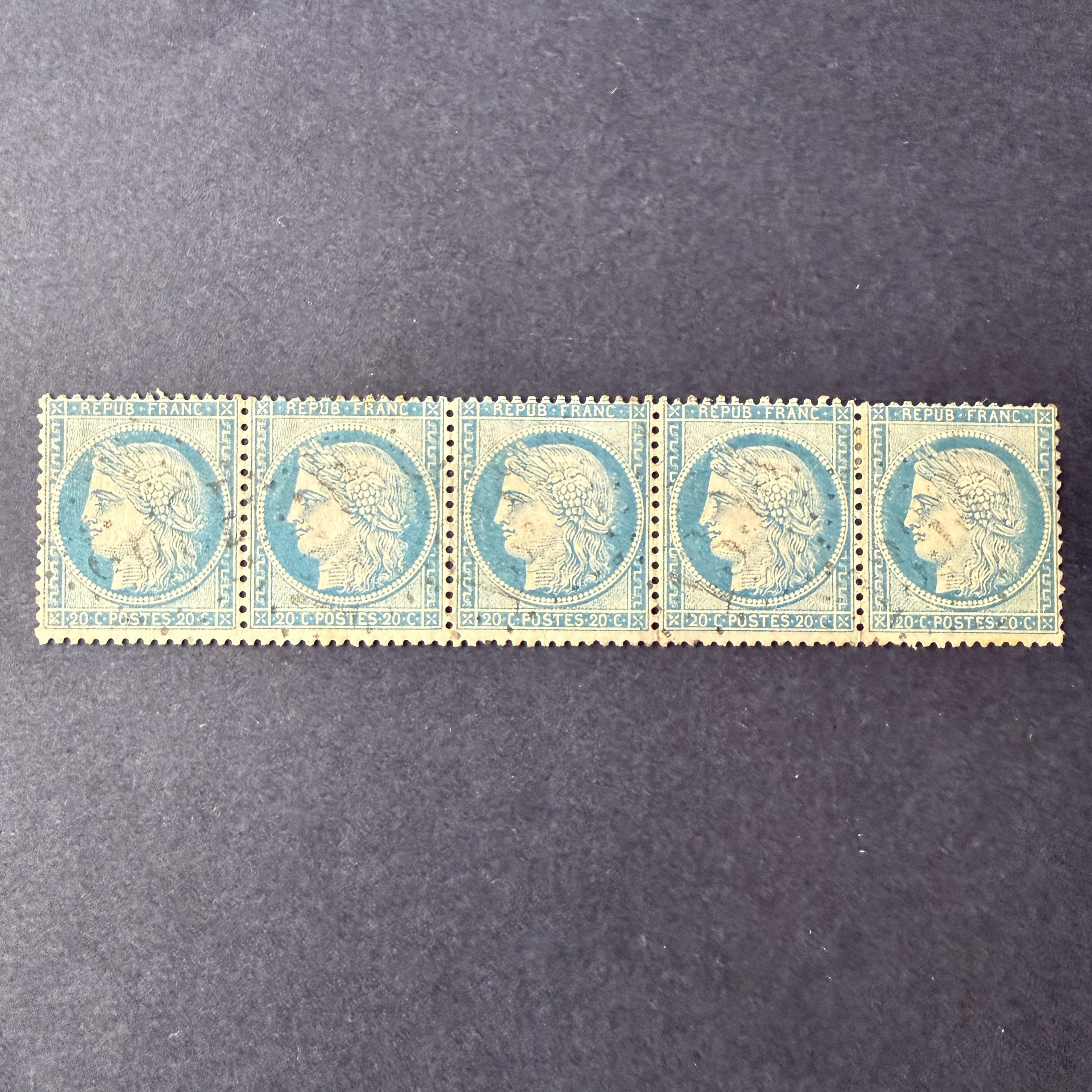 Y&T 37 "Cérès siège 20c bleu" bande de 5 en oblitéré - TB