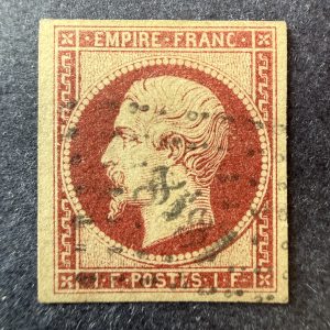 Y&T 18, "Napoléon 1fr carmin" en oblitéré - TB d'aspect (légère restauration)