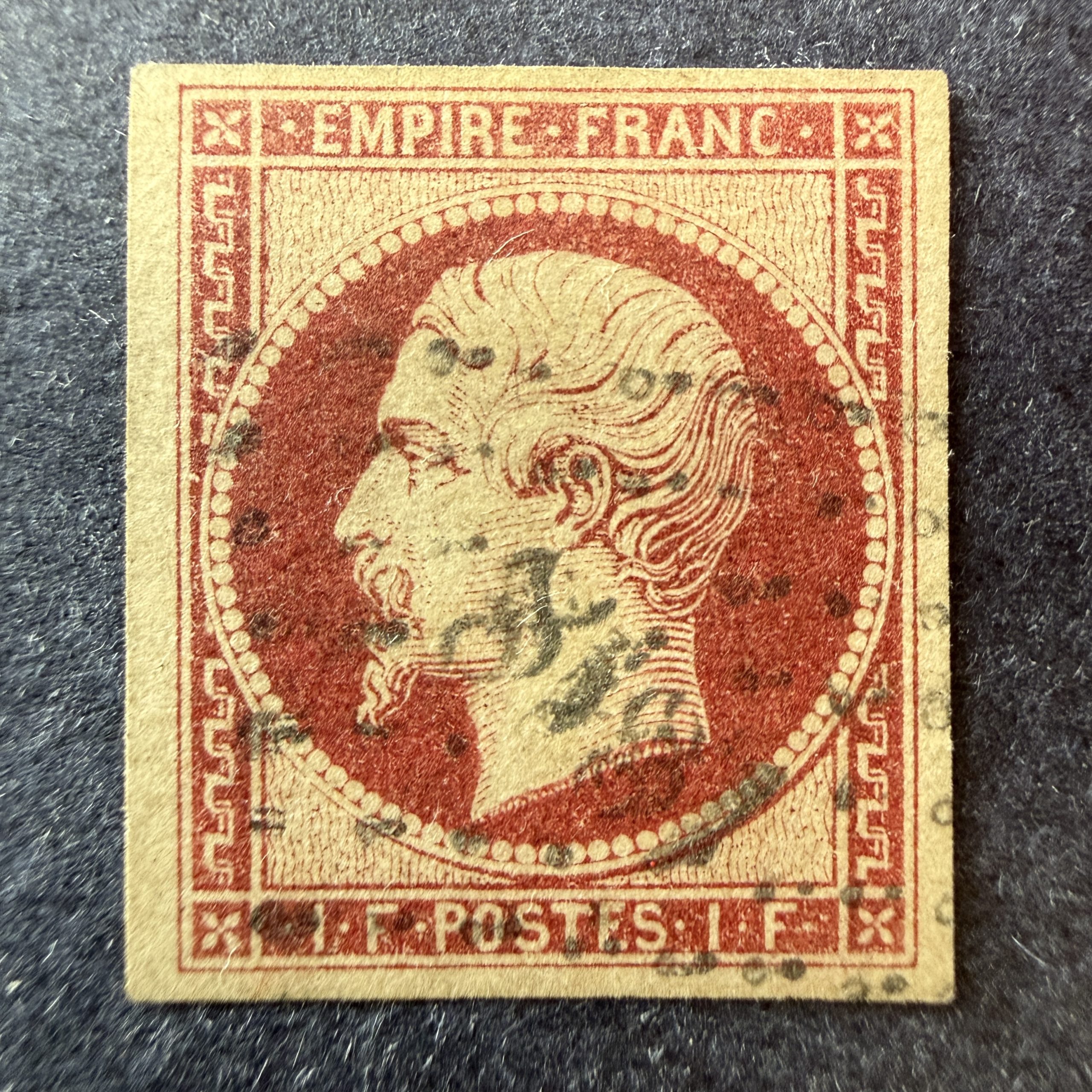 Y&T 18, "Napoléon 1fr carmin" en oblitéré - TB d'aspect (légère restauration)