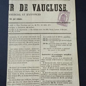 Yvert timbre Journal 1 "2c lilas non dentelé" oblitéré sur journal - TB