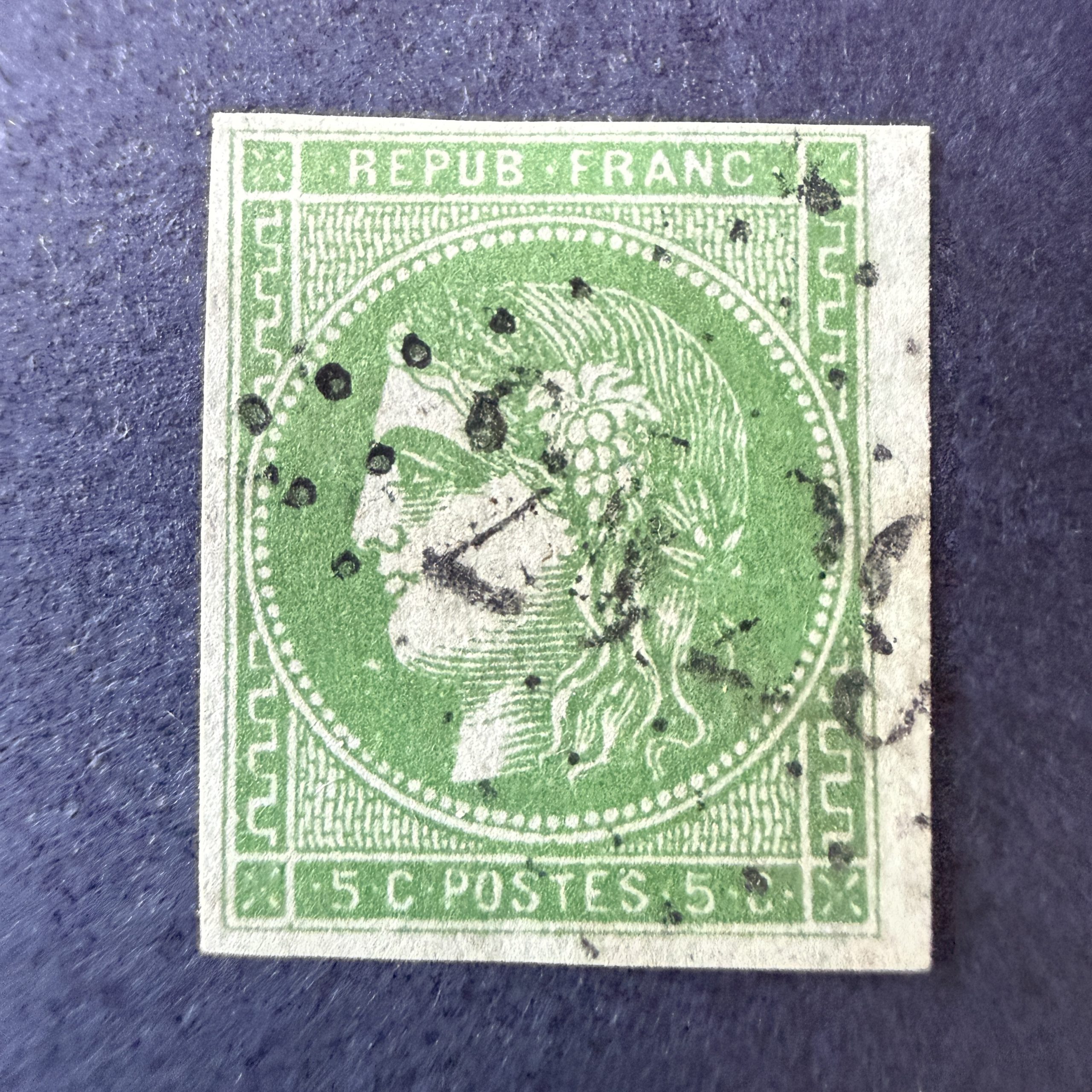 Y&T 42B, "Bordeaux 5c vert" report 2 bord de feuille en oblitéré - TB