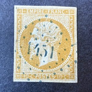 Y&T 13A, "Napoléon 10c bistre" en oblitéré petits chiffres bleu - TB