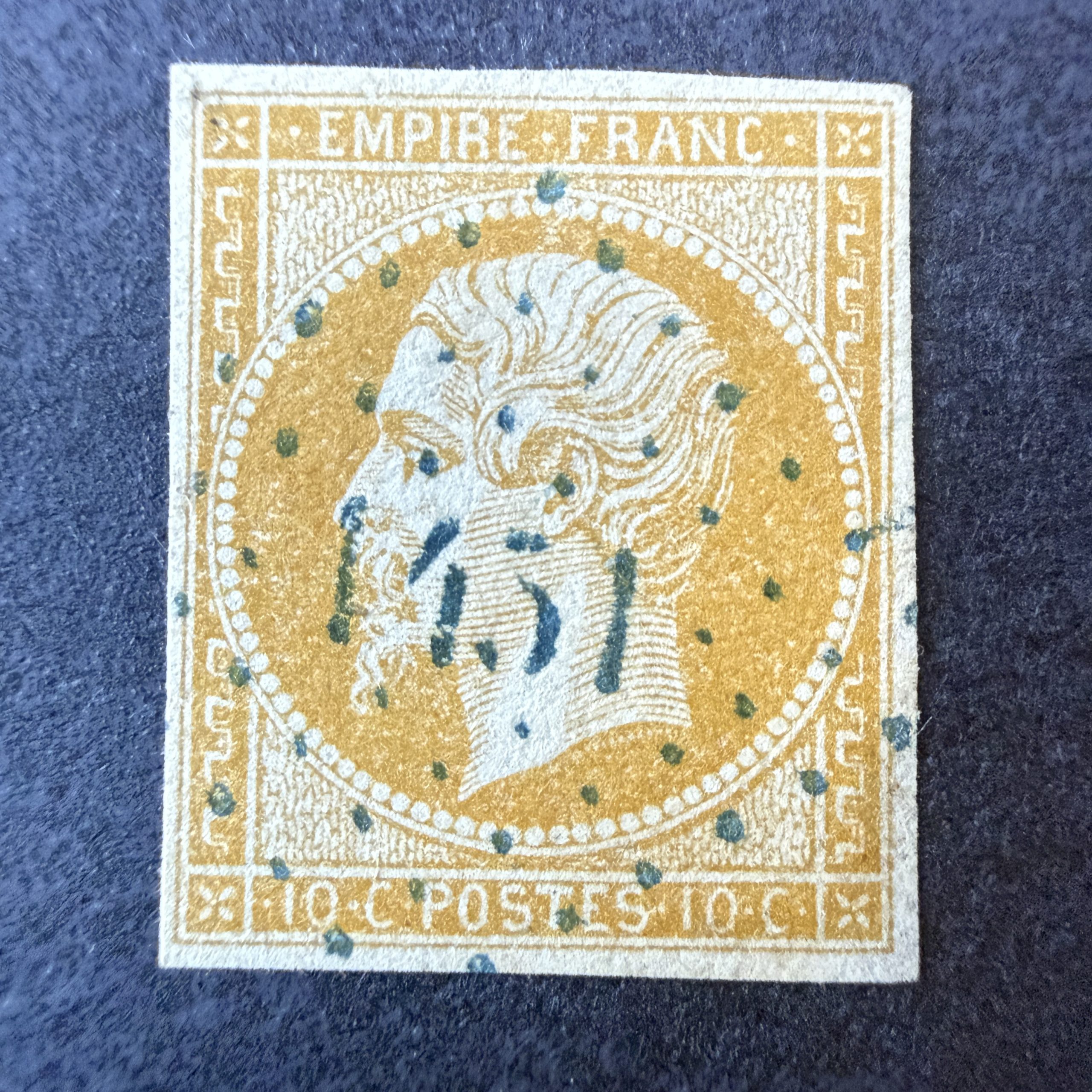 Y&T 13A, "Napoléon 10c bistre" en oblitéré petits chiffres bleu - TB