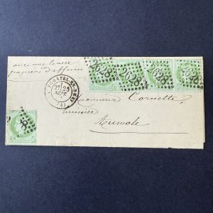 Y&T 53, "Cérès dentelé 5c vert" bande de 3 + 2 sur lettre (provenance Roumet) - TB