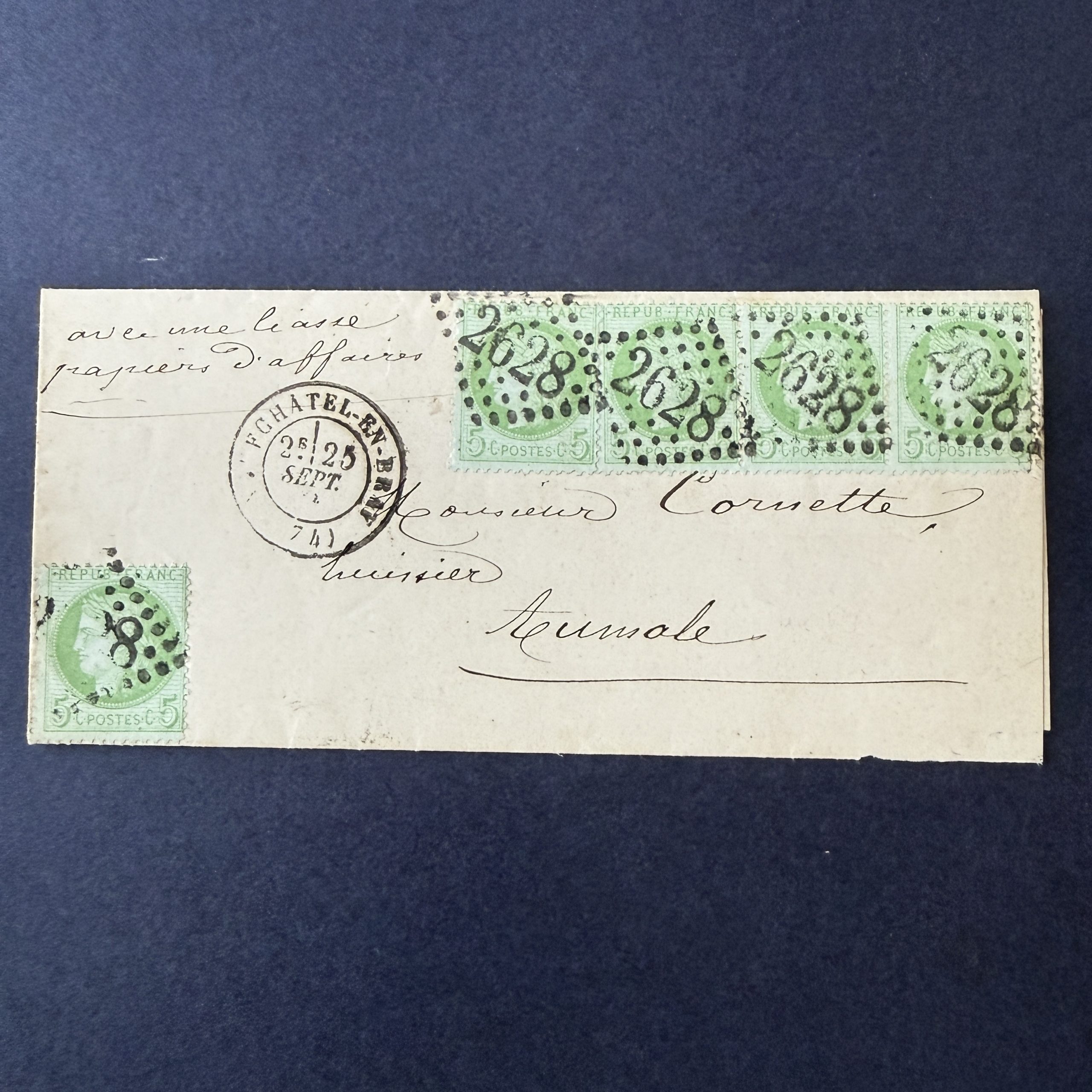 Y&T 53, "Cérès dentelé 5c vert" bande de 3 + 2 sur lettre (provenance Roumet) - TB