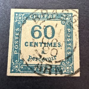 Taxe Y&T 9 "Duval 60c bleu" margé en oblitéré cachet à date. Superbe.