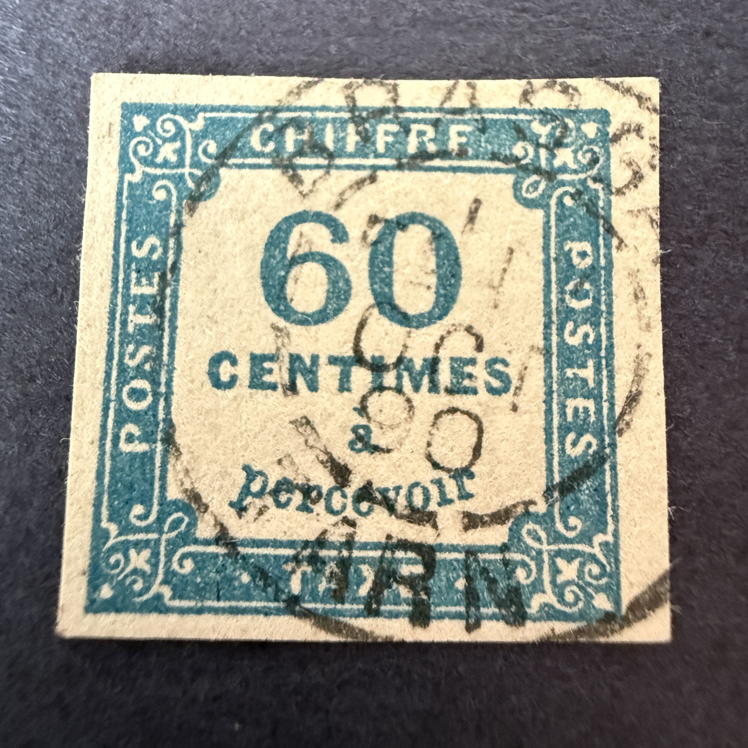 Taxe Y&T 9 "Duval 60c bleu" margé en oblitéré cachet à date. Superbe.