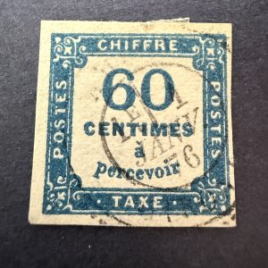 Taxe Y&T 9a "Duval 60c bleu très foncé" margé en oblitéré. Superbe. Signé Brun.