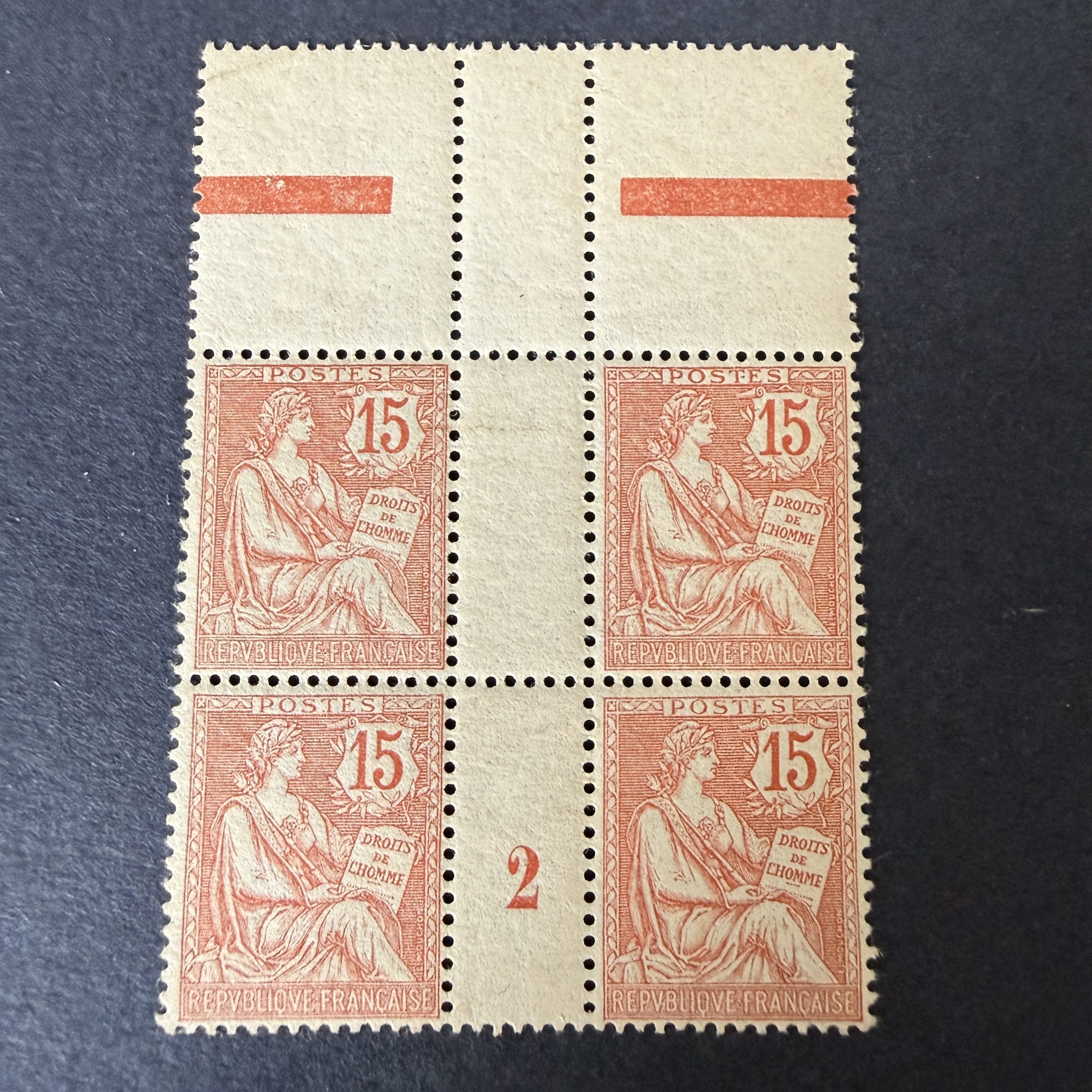 Y&T 125 "Mouchon Retouché 15c vermillon" bloc de 4 bdf en neuf ** sans charnière. Superbe.