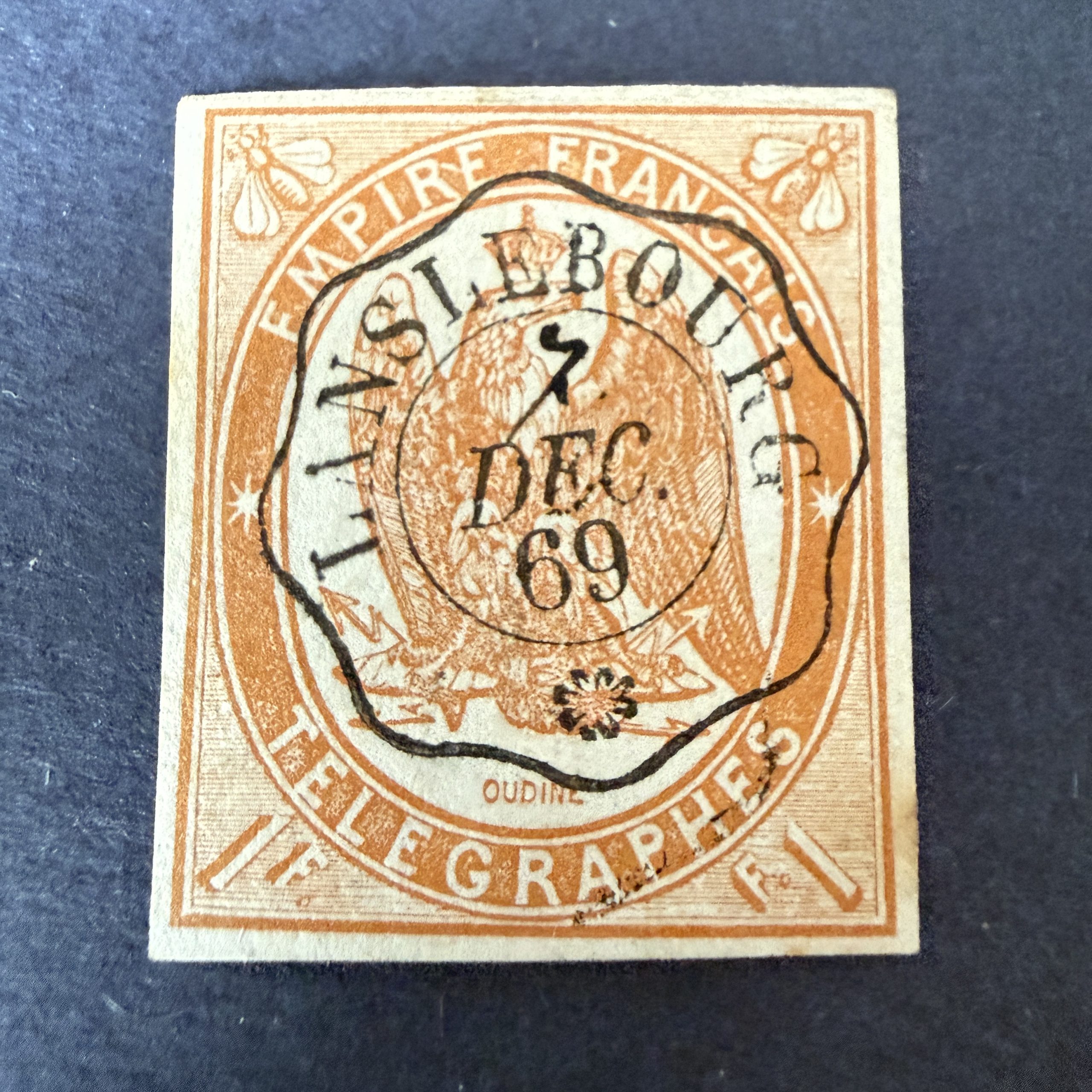 Télégraphe Y&T 3 "1fr orange en oblitéré. Signé Baudot, Miro. TB.