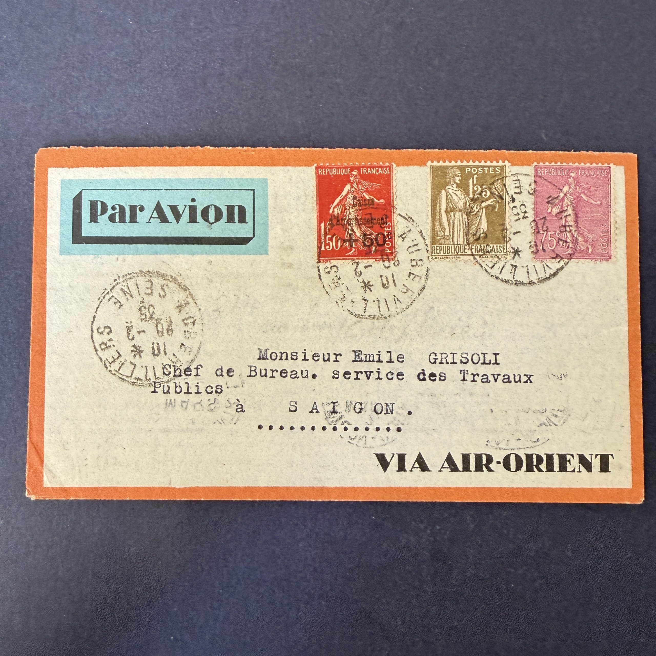 Y&T 202, 277a, 287 "Affranchissement pour Saïgon" avec variété surcharge déplacé. Superbe.