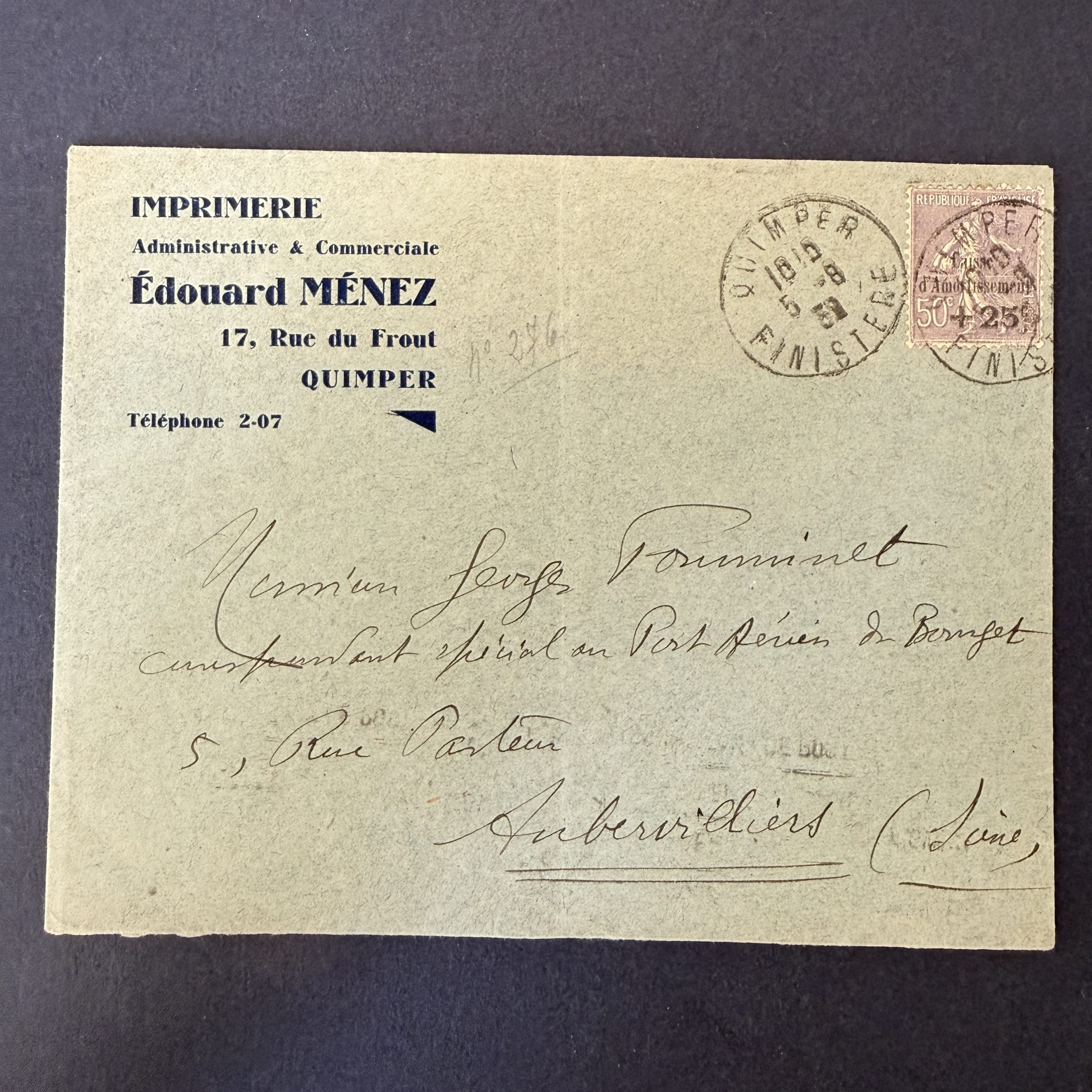 Y&T 276a "Caisse Amortissement" sans le point sur i de caisse en oblitéré sur lettre. TB.