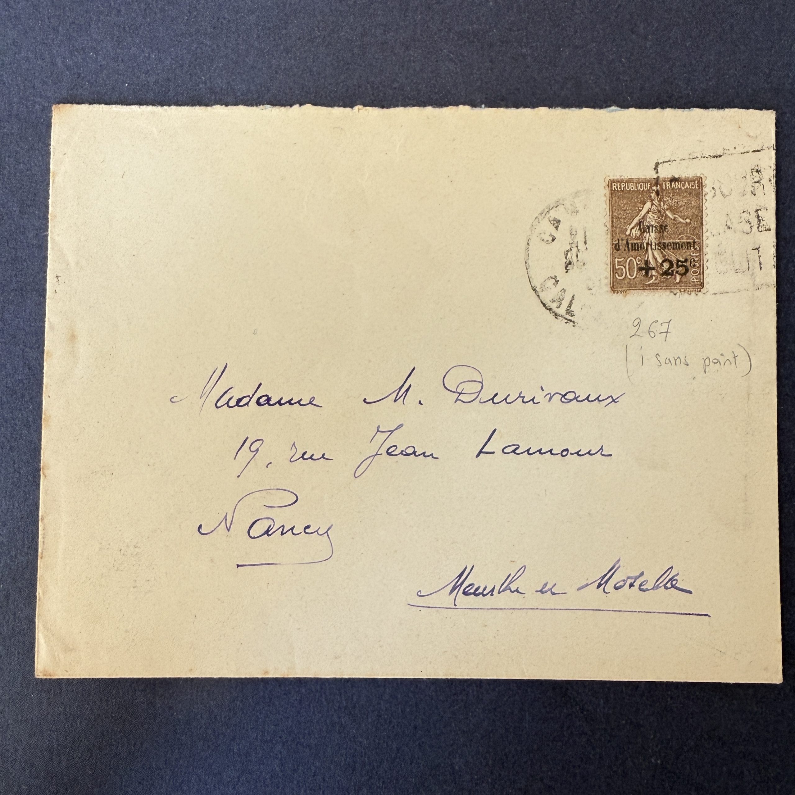 Y&T 267a "Caisse Amortissement" sans le point sur i de caisse en oblitéré sur lettre. TB.