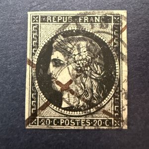 Y&T 3, "Cérès 20c noir sur jaune" en oblitéré cachet et plume Janvier 1849 - TB signé Scheller