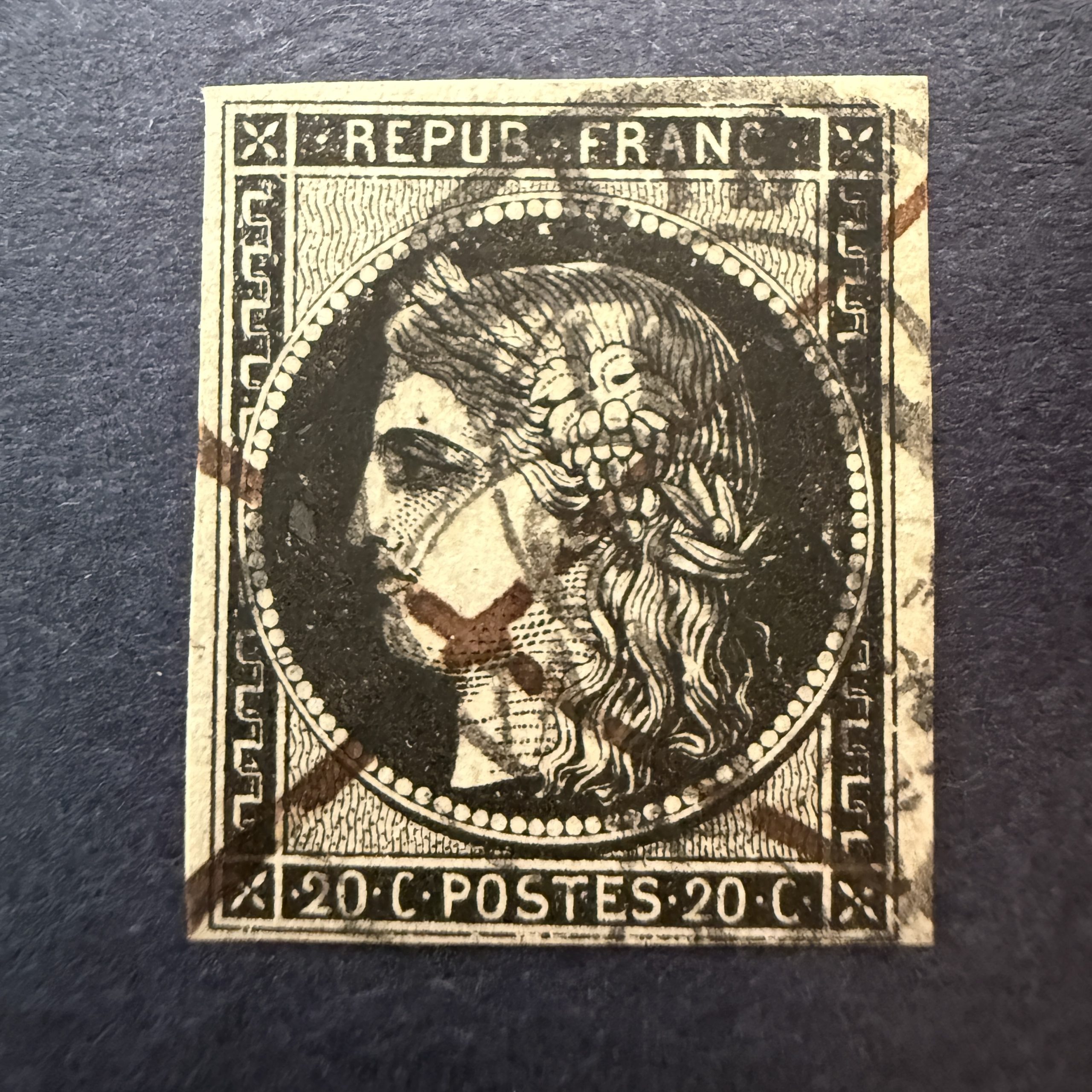 Y&T 3, "Cérès 20c noir sur jaune" en oblitéré cachet et plume Janvier 1849 - TB signé Scheller