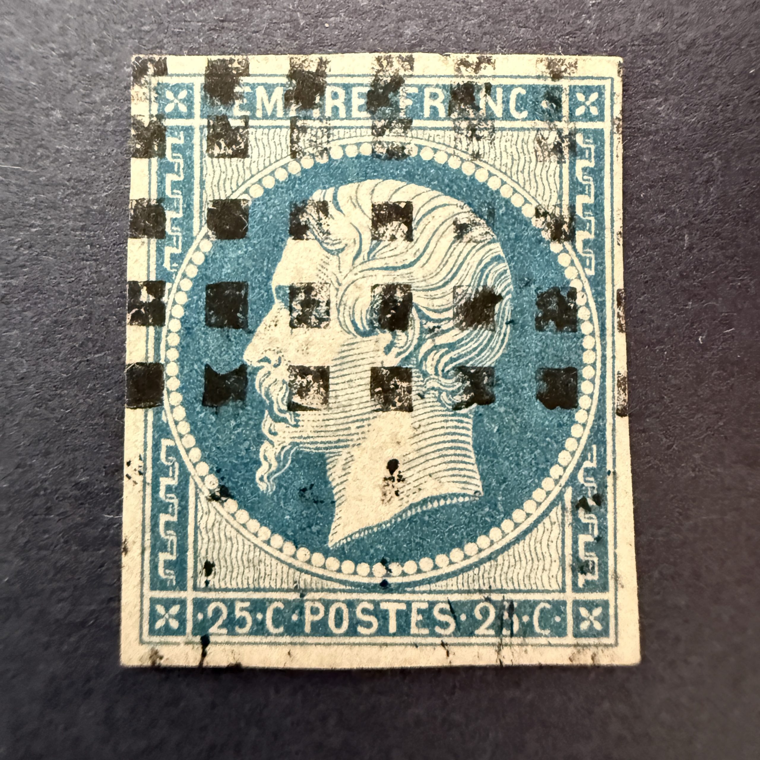 Y&T 15, "Napoléon 25c bleu" en oblitéré gros points carrés - TB signé Calves
