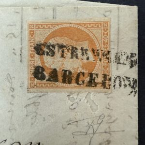 Y&T 16, "Napoléon 40c orange" en oblitéré estangero barcelona sur fragment - TB