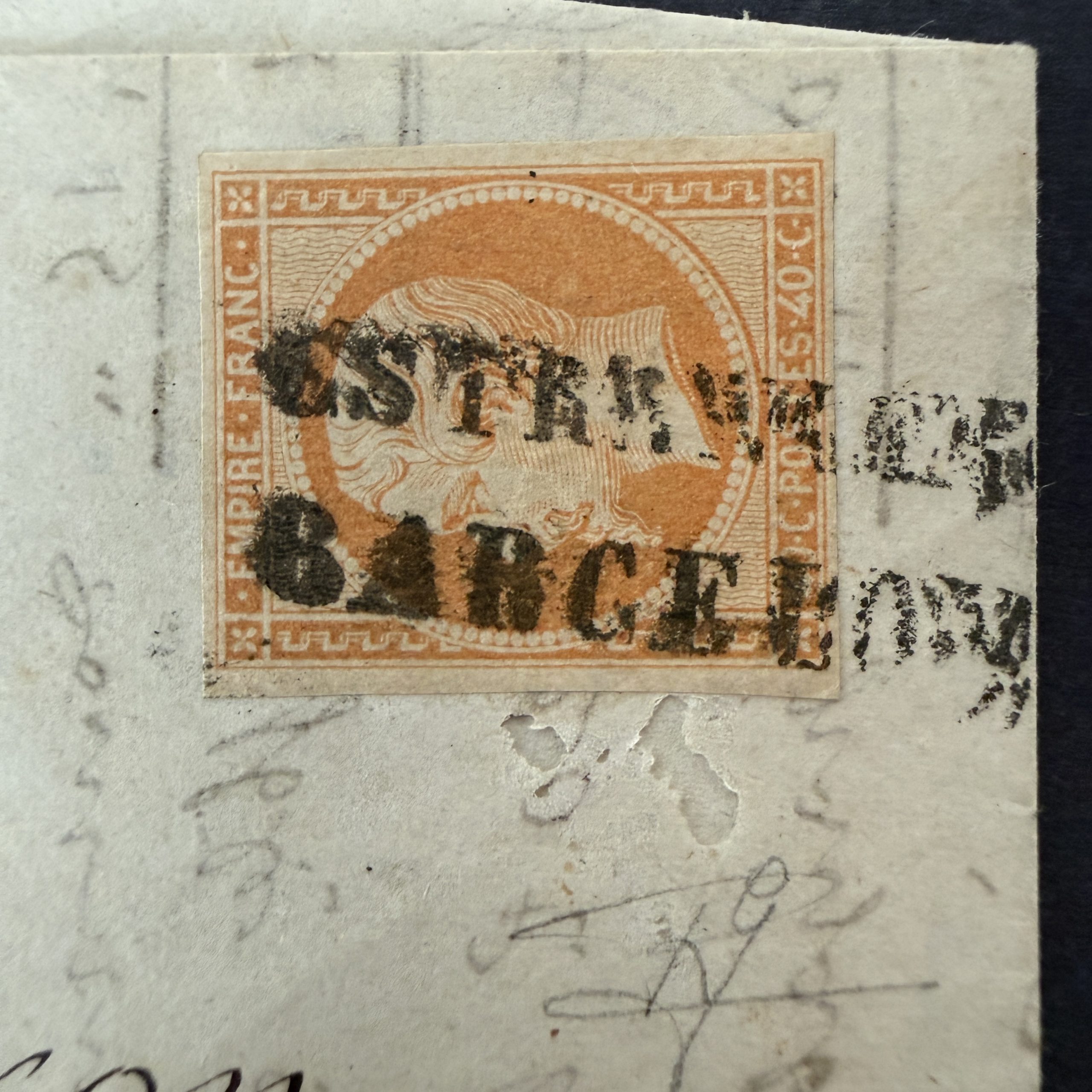 Y&T 16, "Napoléon 40c orange" en oblitéré estangero barcelona sur fragment - TB