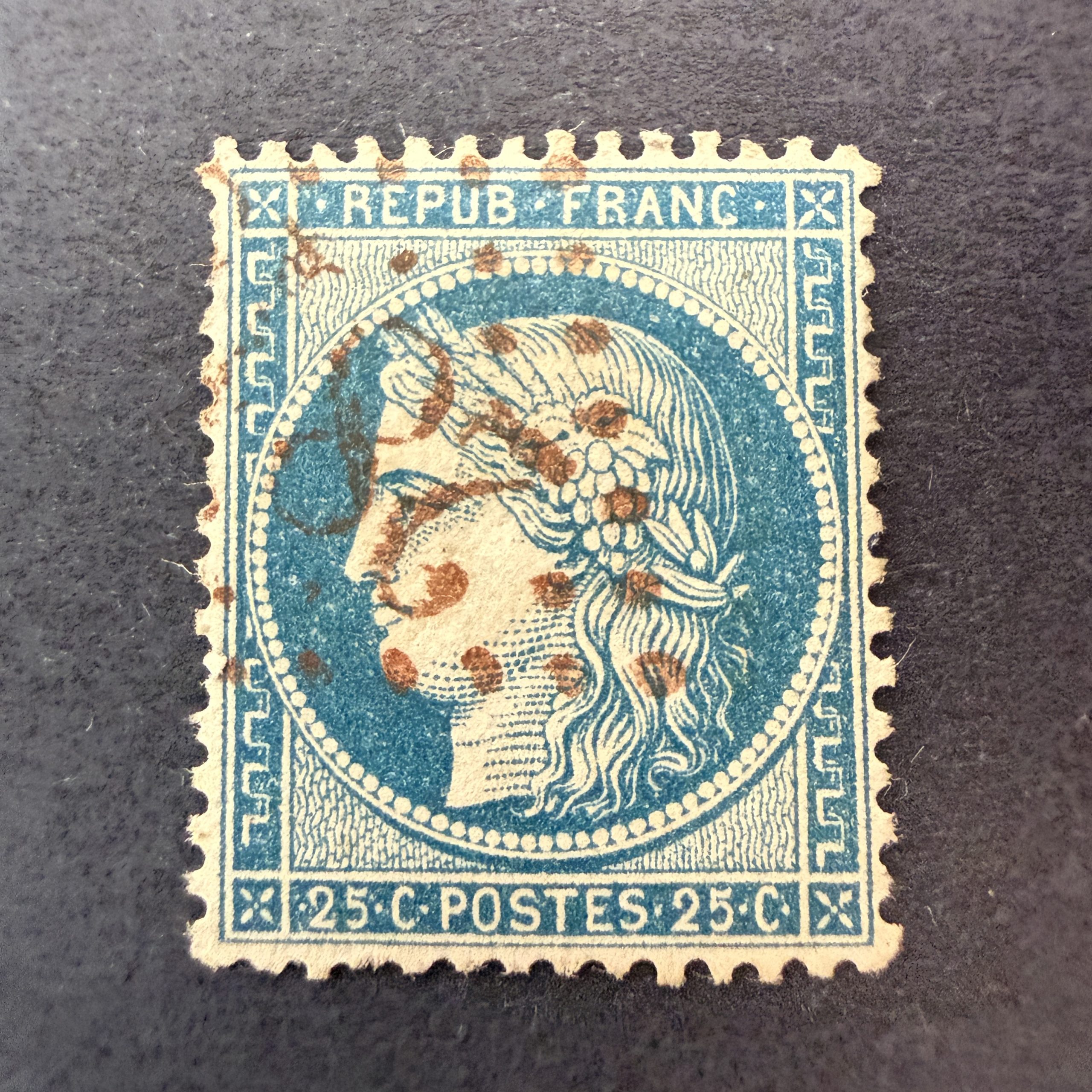 Y&T 60A, "Cérès 25c bleu" en oblitéré GC rouge rare - B/TB