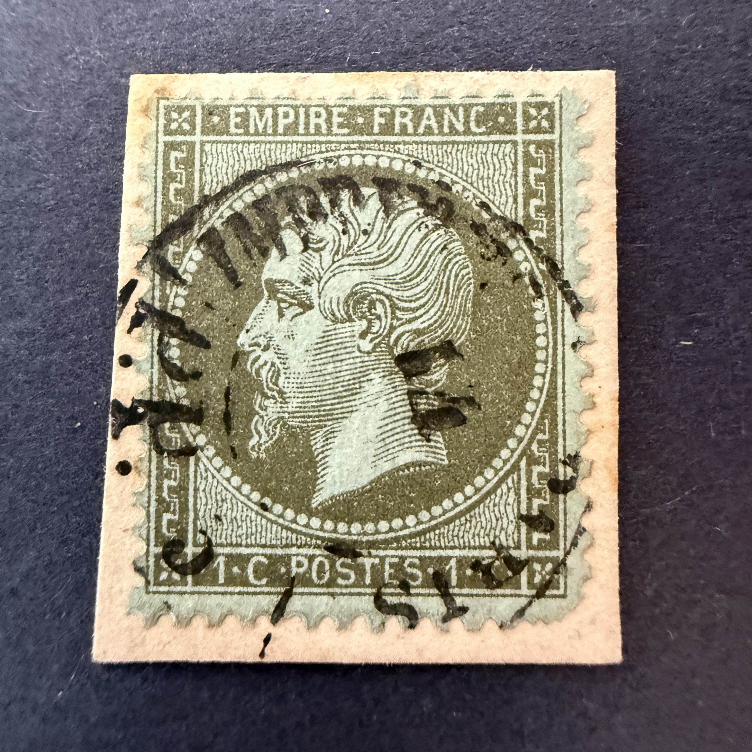 Y&T 19, "Napoléon 1c olive" en oblitéré cachet des imprimés noir - TB