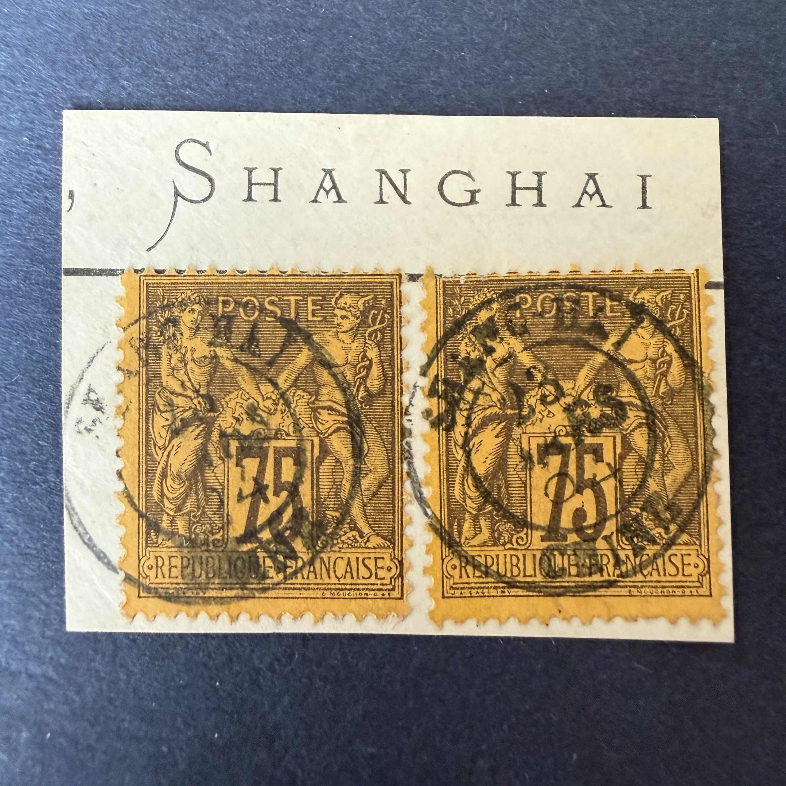 Y&T 99, "Sage 75c" en paire en oblitéré cachet Shanghai - TB