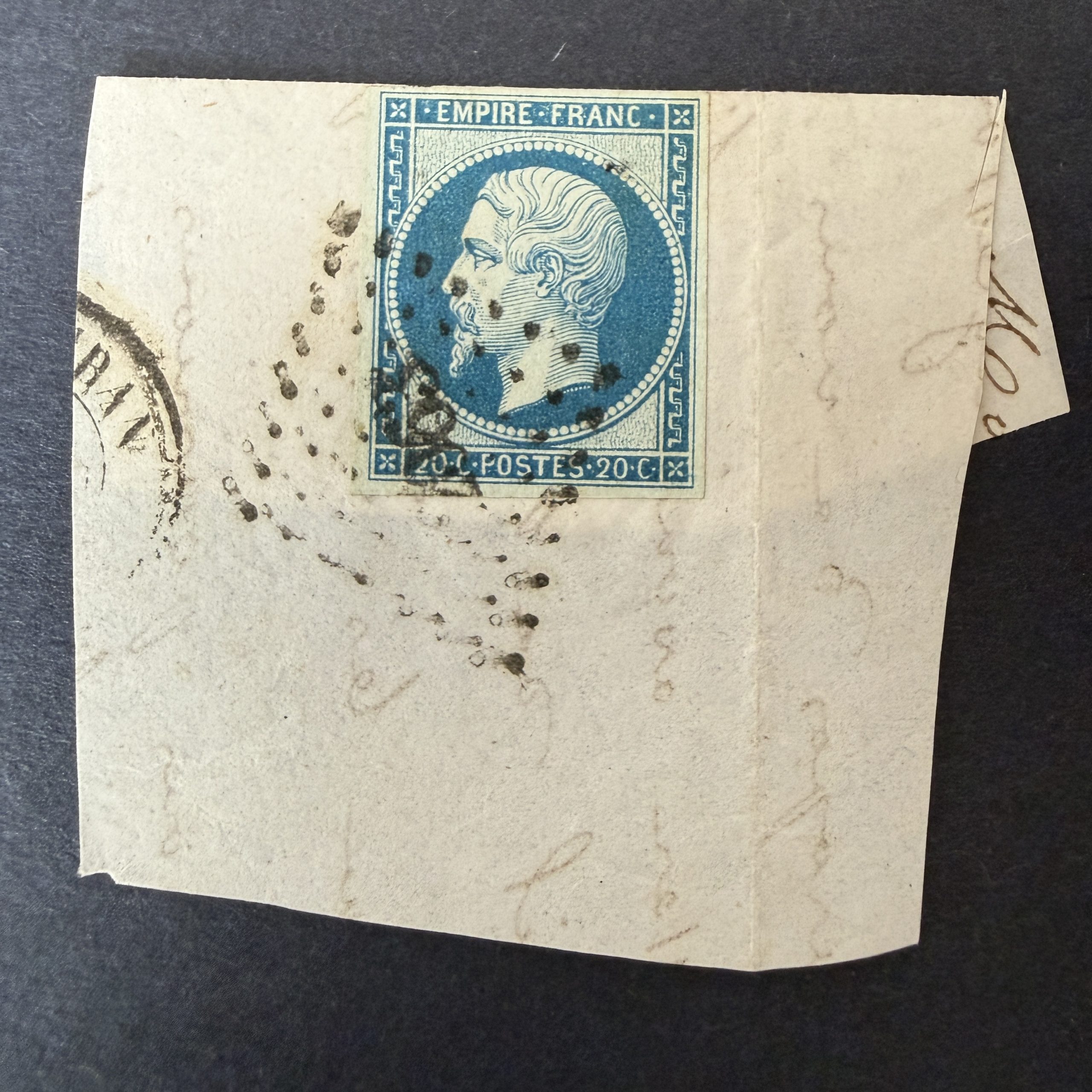 Y&T 14Ba, "Napoléon 20c bleu verdâtre" sur fragment en oblitéré - superbe
