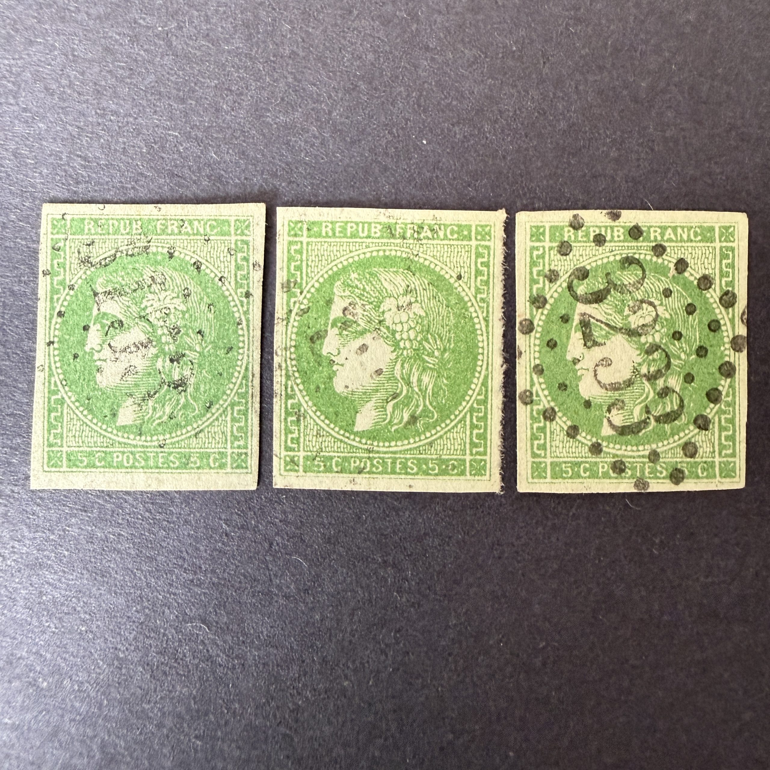 Y&T 42B, "Bordeaux 5c vert" 3 nuances dont vers gris en oblitérés - TB signés Calves