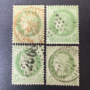 Y&T 53, "Cérès 5c vert" 4 timbres avec variété ou oblitérations rares - TB
